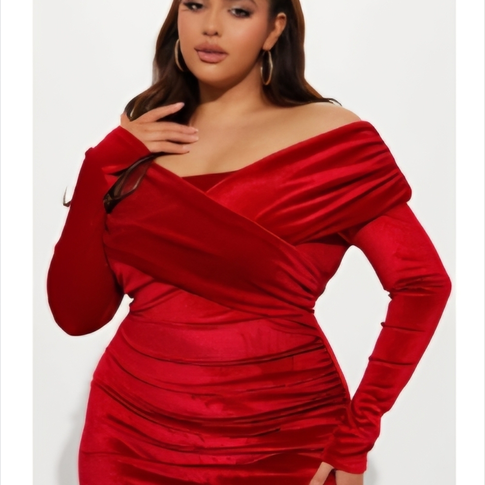 Fashion Nova Off-Shoulder Red Velvet Long Sleeve Dress